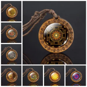 Collier Mandala Pendentif Bois Vintage